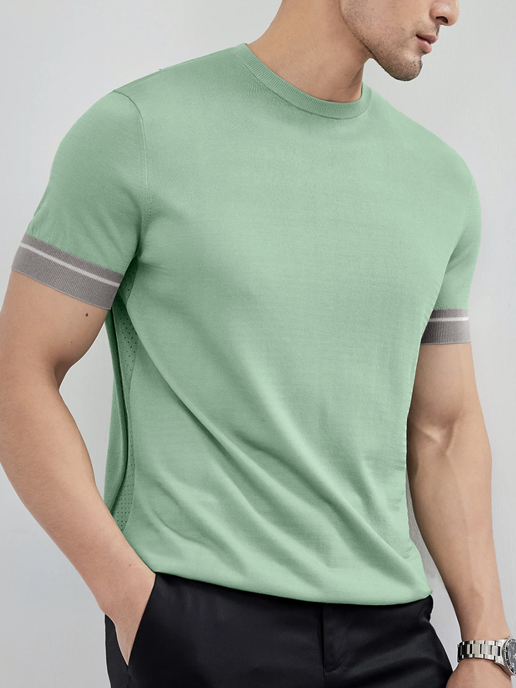 CoolKnit Color Blocked Cuffs Short Sleeve Knitted T-Shirt