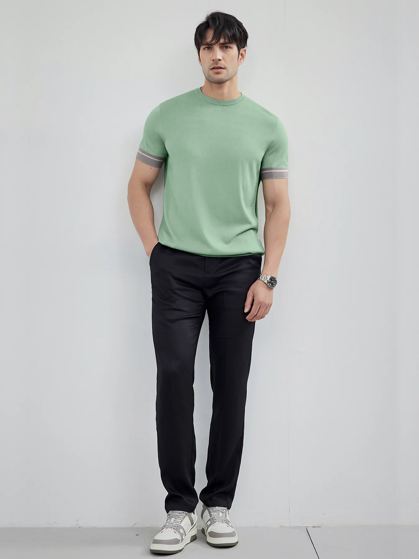 CoolKnit Color Blocked Cuffs Short Sleeve Knitted T-Shirt