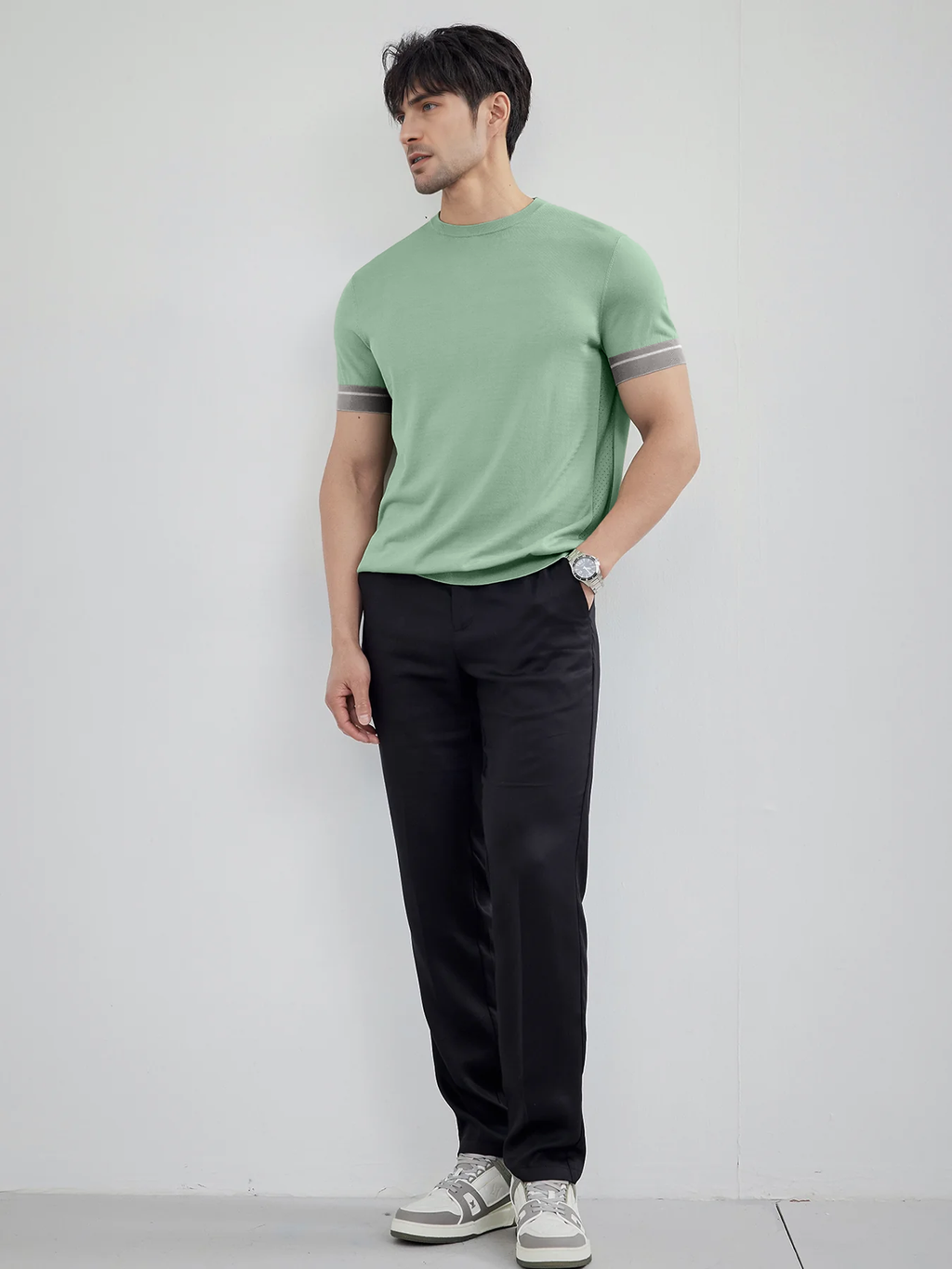 CoolKnit Color Blocked Cuffs Short Sleeve Knitted T-Shirt